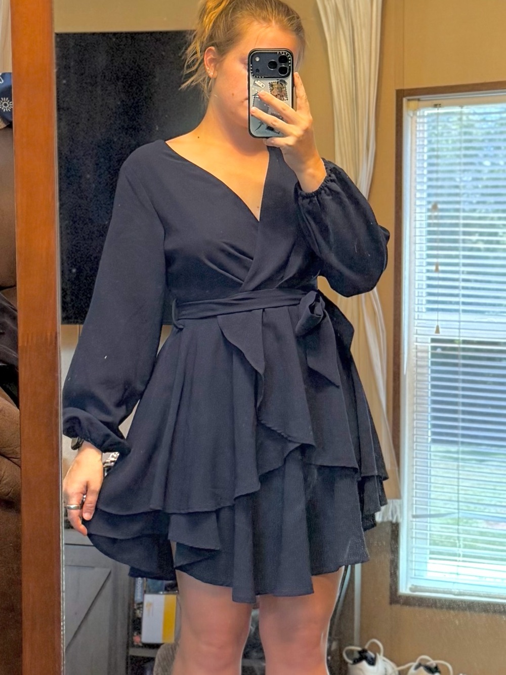 Navy Wrap Mini Dress with Tiered Ruffle Skirt -Medium
